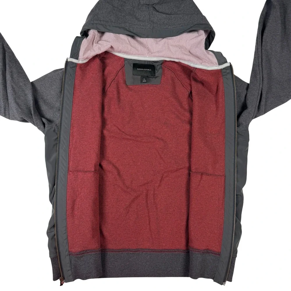 Banana Republic Full Zip Hoodie Mens XL Gray Mixed Media Woven Trim‎ Excellent